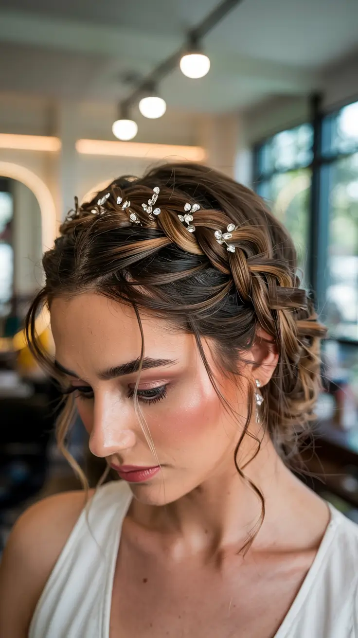 christmas party hairstyles ideas 2025 Crystal Crown Braided Updo