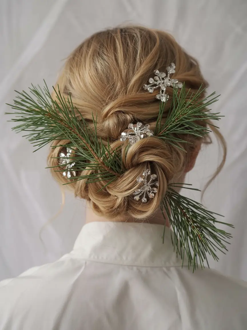 christmas party hairstyles ideas 2025 Frosted Evergreen Low Bun