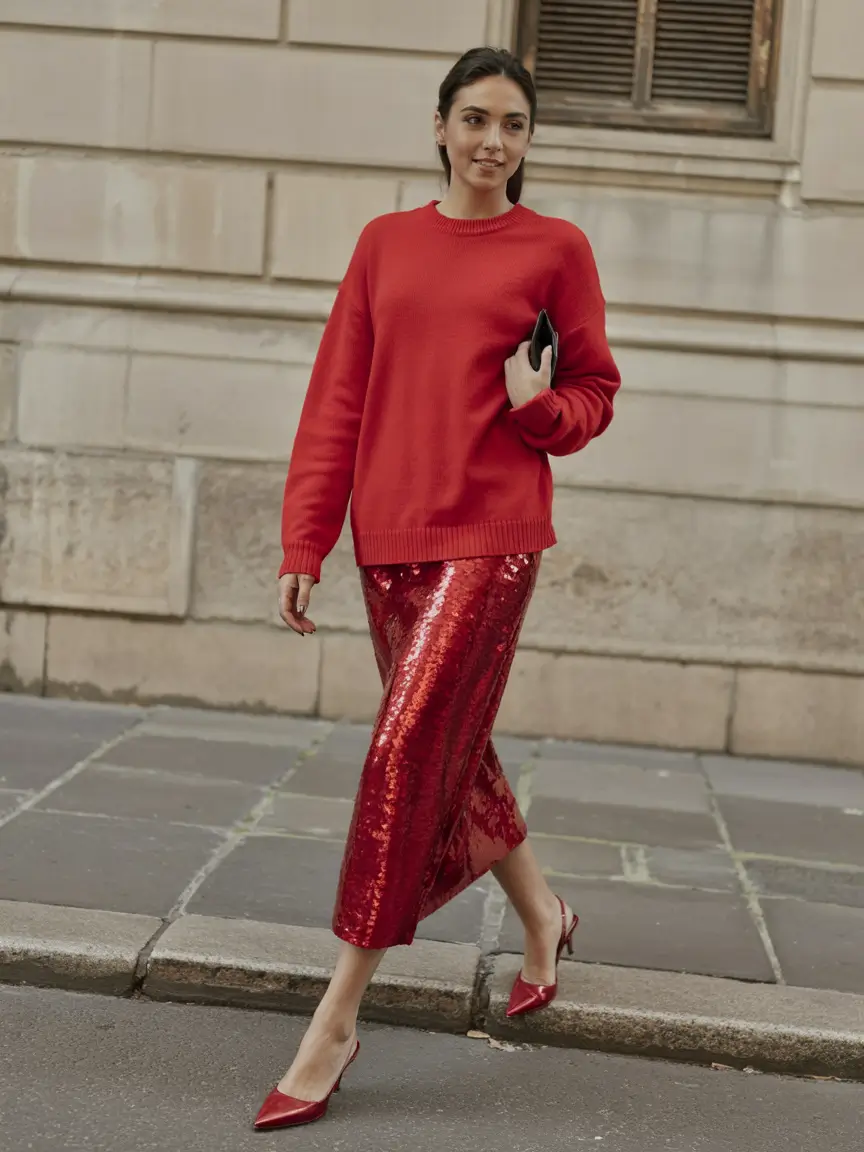 christmas party outfits ideas 2025 Red Sequins & Effortless Glow