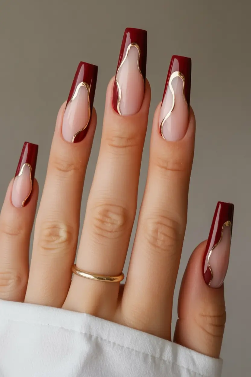 coffin nails and color ideas winter 2025 2026 Merlot Melt with Golden Edges