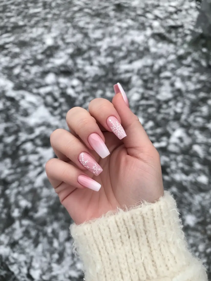 coffin nails and color ideas winter 2025 2026 Soft Pink Blizzard