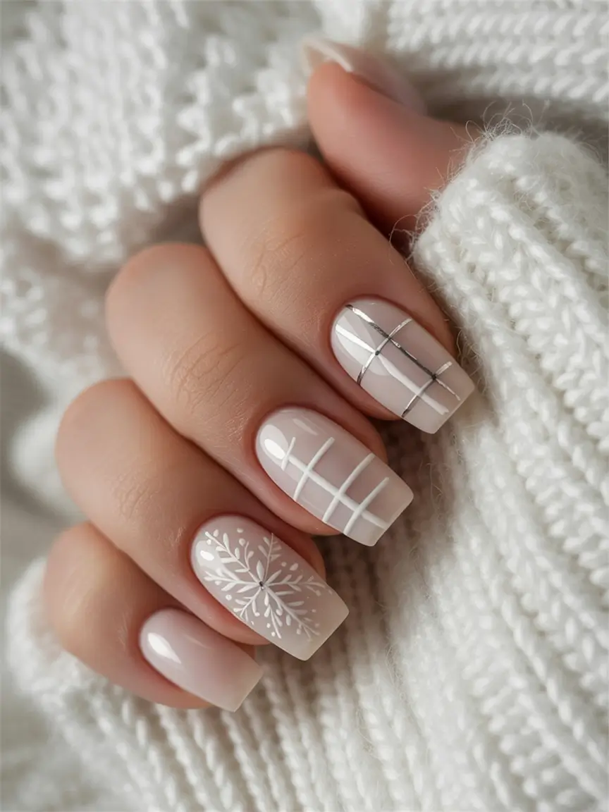 coffin nails and color ideas winter 2025 2026 Cozy Cashmere Grid