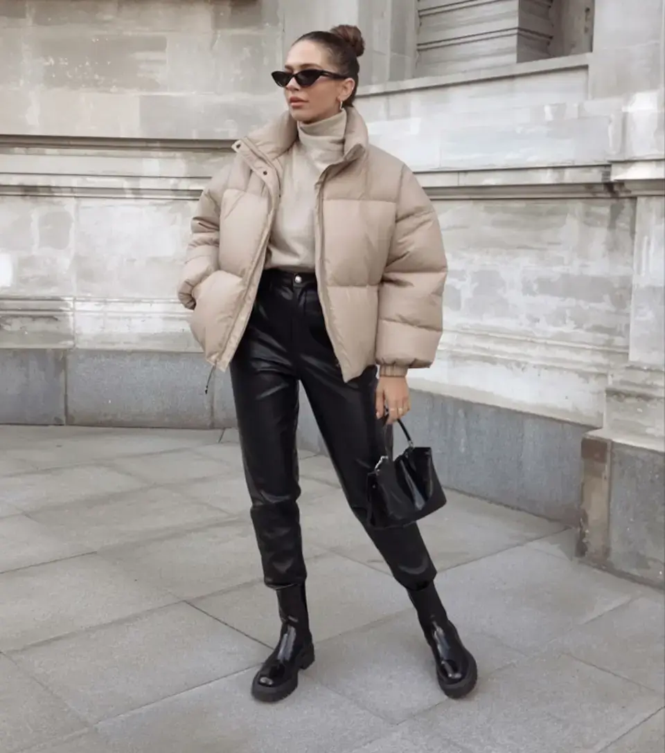 cozy winter outfits 2025 2026 style guide Leather Edge with Puffy Warmth