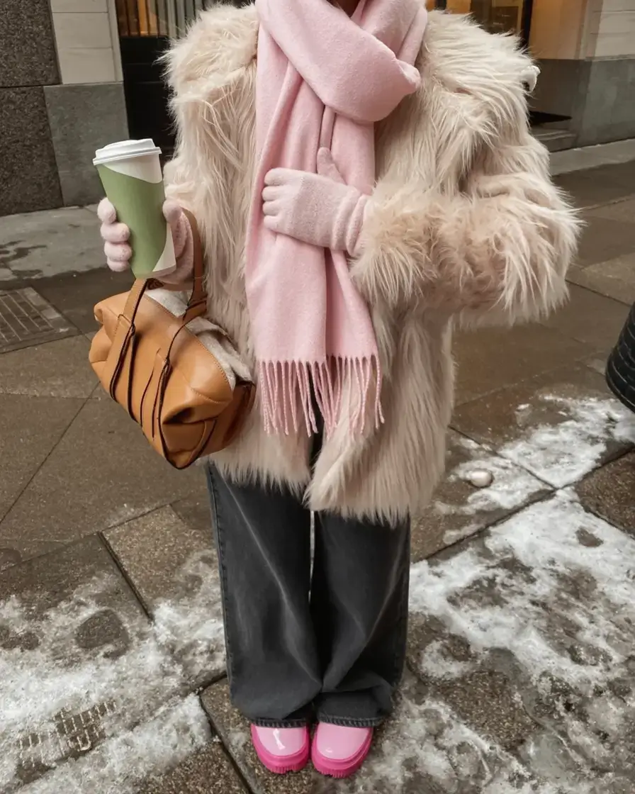 cozy winter outfits 2025 2026 style guide Faux Fur & Candy Pink Accents