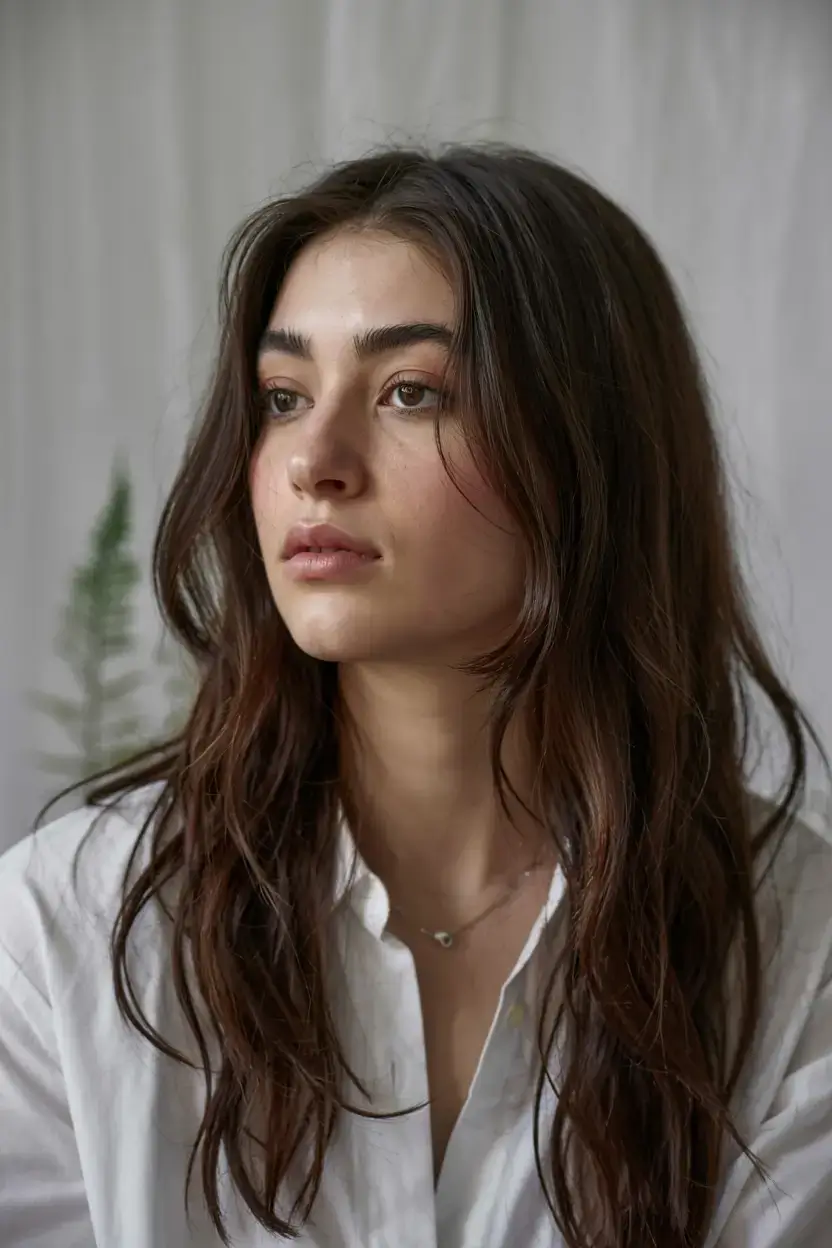 cute winter haircuts ideas 2025 2026 Textured Brunette with Curtain Layers