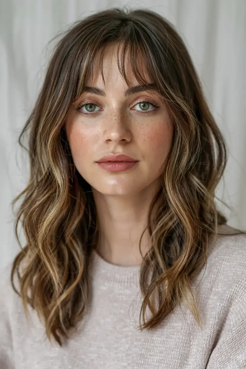 cute winter haircuts ideas 2025 2026 Bronde Shag Revival with Gentle Bangs
