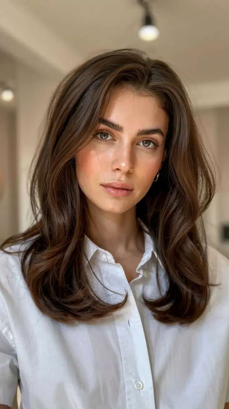 cute winter haircuts ideas 2025 2026 Classic Chocolate Layers with Polished Ends
