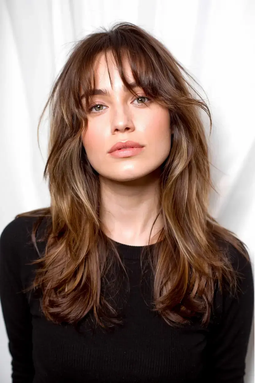 cute winter haircuts ideas 2025 2026 Layered Shag with Curtain Bangs