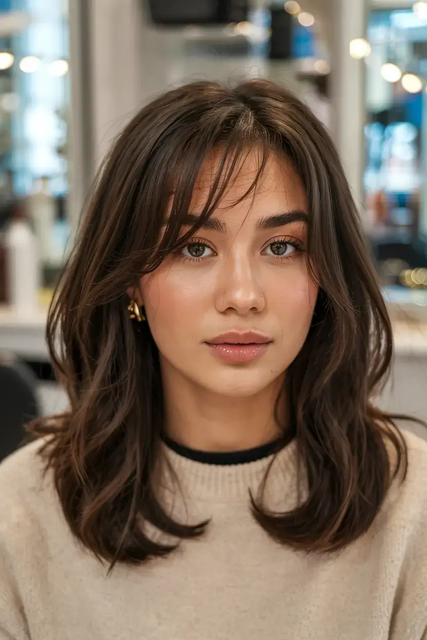 cute winter haircuts ideas 2025 2026 Medium Layers with Curtain Bangs