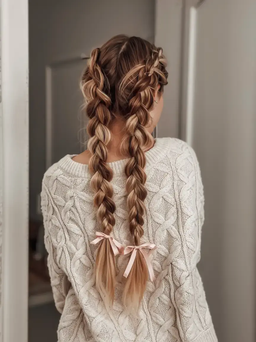 cute winter hairstyles 2025 2026 inspiration Chunky Twin Braids with Ribbon Ends