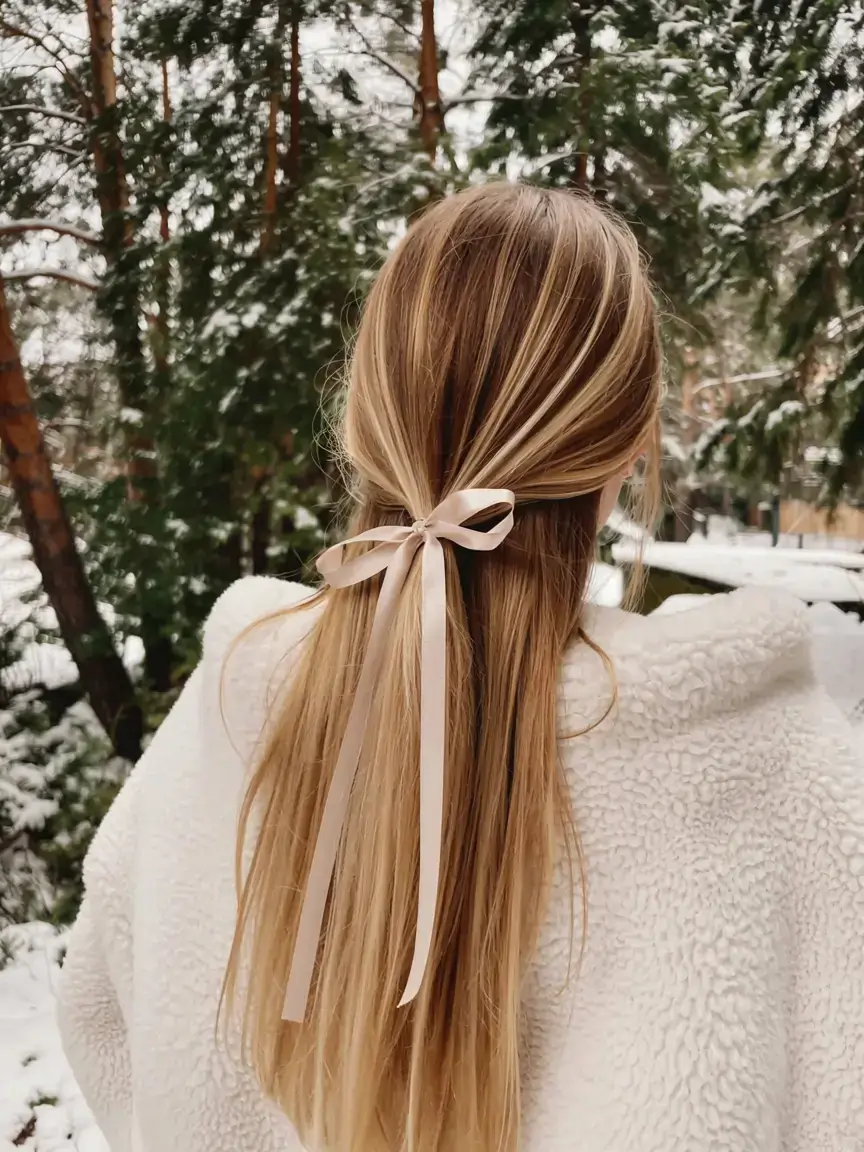 cute winter hairstyles 2025 2026 inspiration Classic Half-Up with Sleek Ribbon Detail
