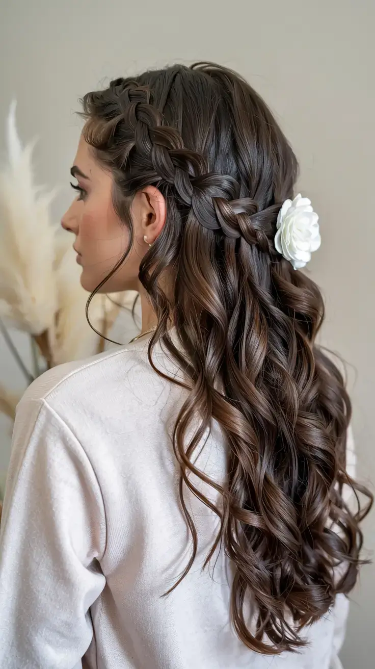 cute winter hairstyles 2025 2026 inspiration Side Braided Curls with Bloom Accent