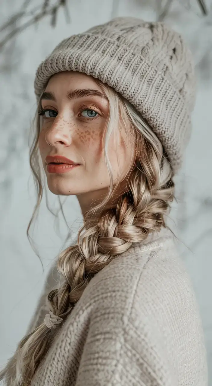 cute winter hairstyles 2025 2026 inspiration Soft Beanie Braid with Cozy Layers