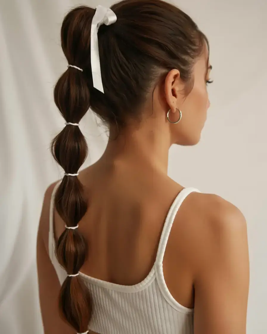 cute winter hairstyles 2025 2026 inspiration Bubble Ponytail with a Minimalist Bow