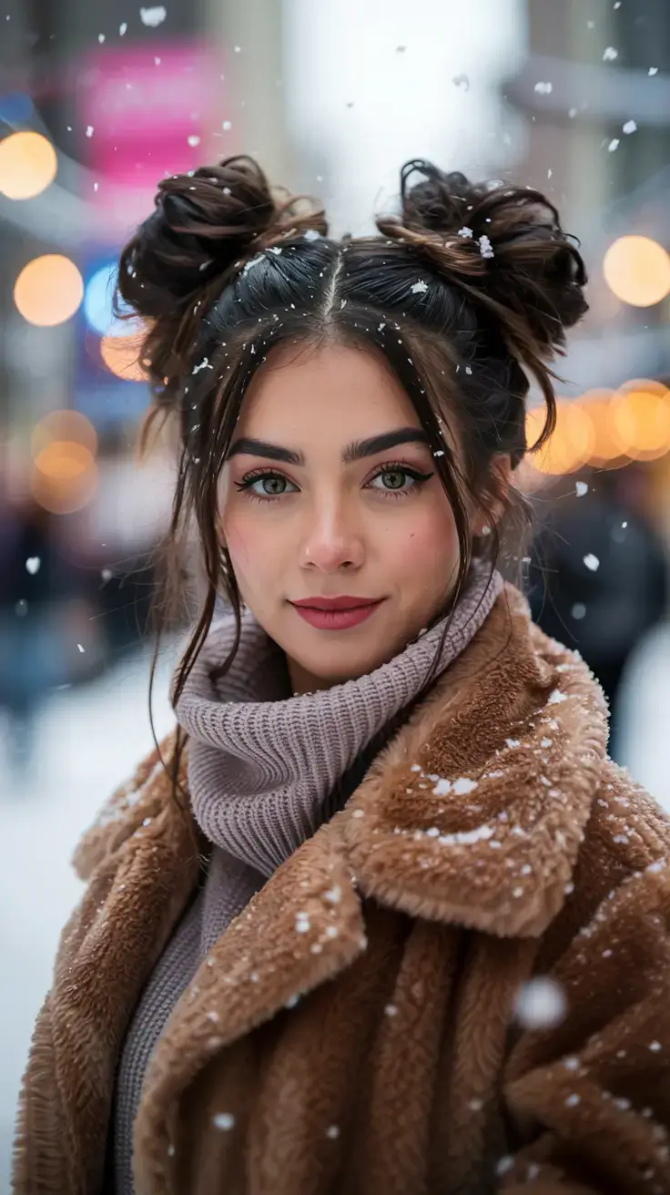 cute winter hairstyles 2025 2026 inspiration Playful Twin Buns with Frosted Flair