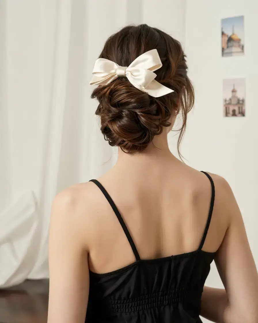 cute winter hairstyles 2025 2026 inspiration Romantic Low Bun with Cream Bow