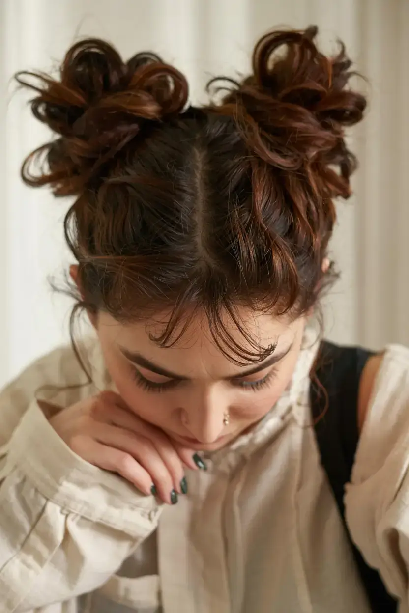 cute winter hairstyles 2025 2026 inspiration Messy Double Buns with Wispy Bangs