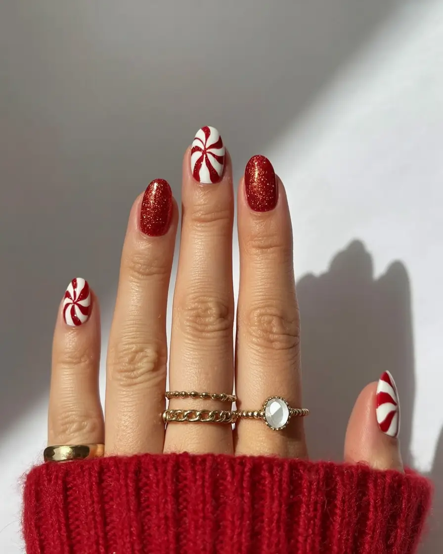 cute winter nails 2025 2026 Peppermint Twist Glam