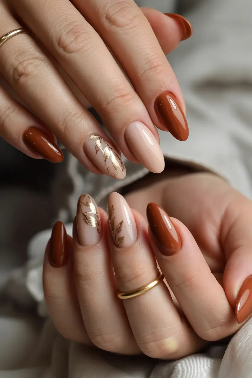 cute winter nails 2025 2026 Golden Chestnut Elegance
