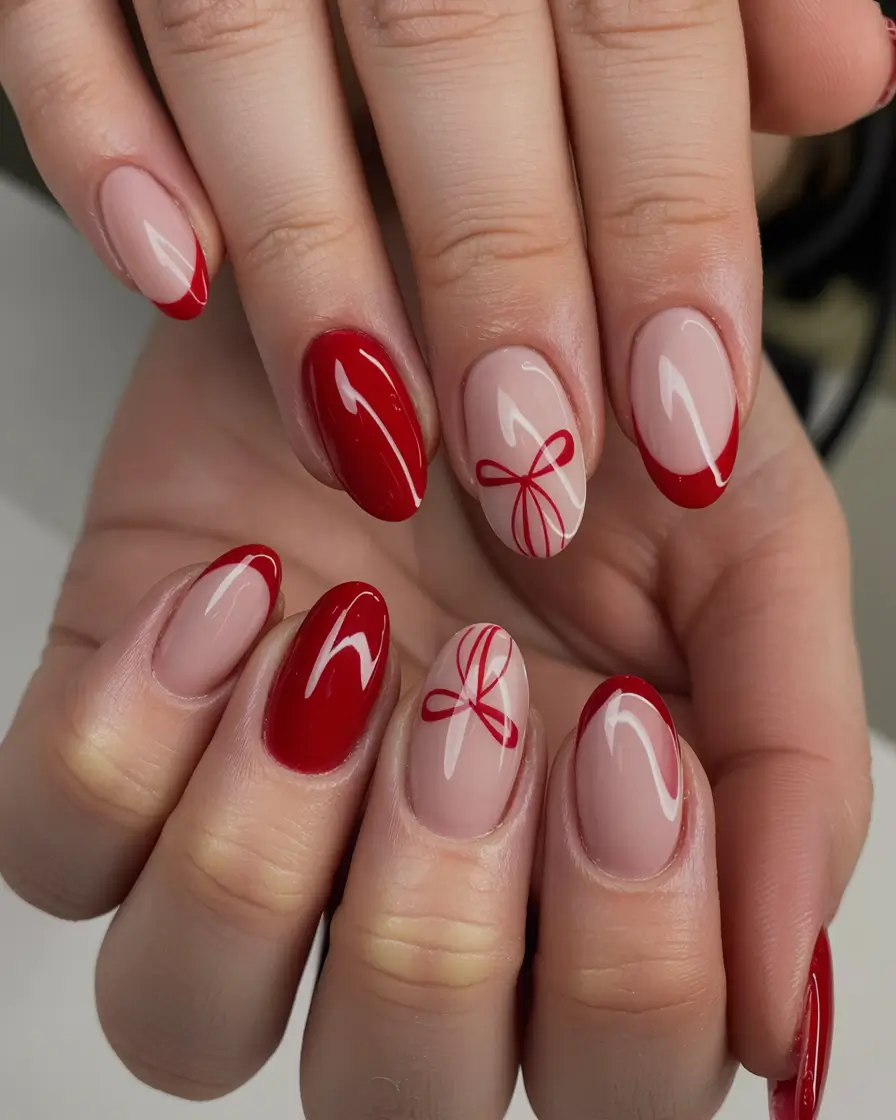 cute winter nails 2025 2026 Ribbon Red Elegance