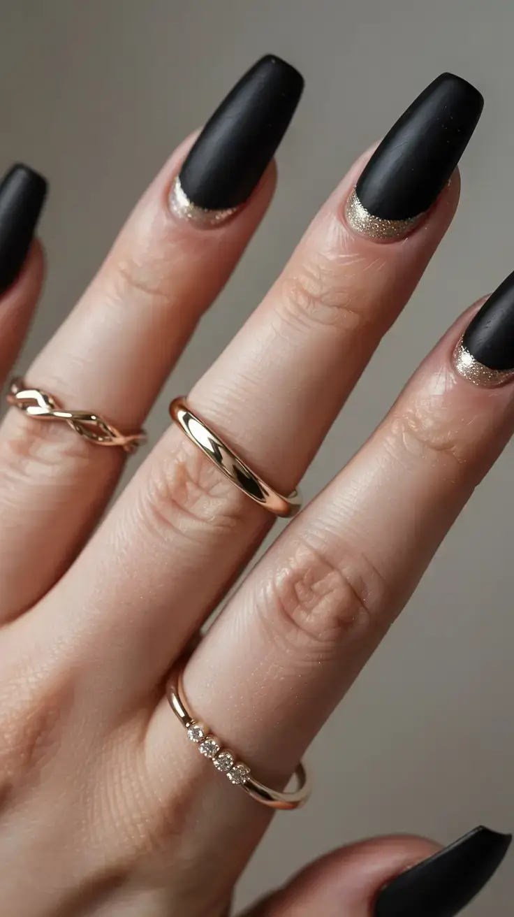 dark winter nail colors ideas 2025 2026 Matte Black and Gold Halo