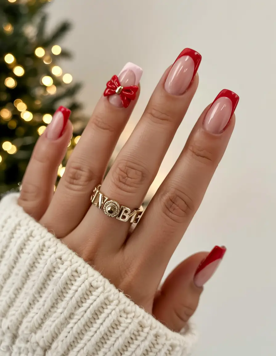 Easy Christmas Nails 2025 Classic Red French with a Bow Accent
