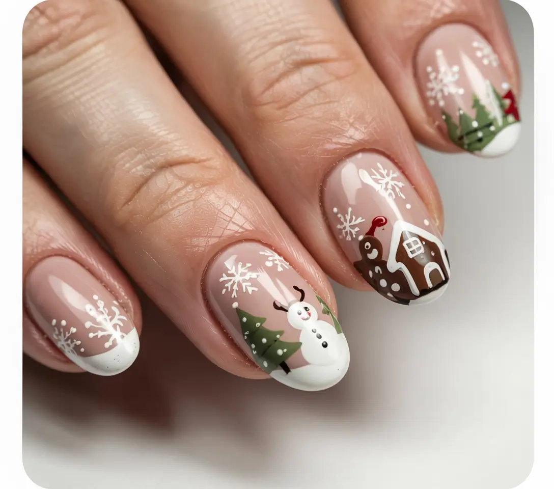 Easy Christmas Nails 2025 Cozy Gingerbread Village