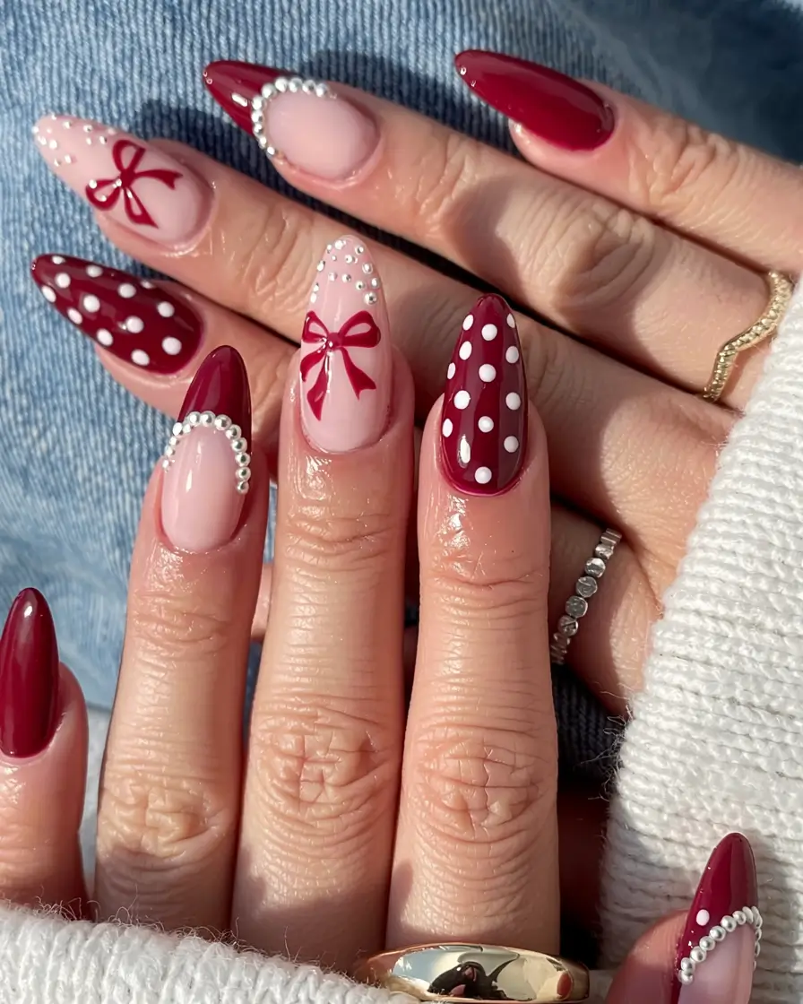 Easy Christmas Nails 2025 Crimson Pearls & Polka Charm