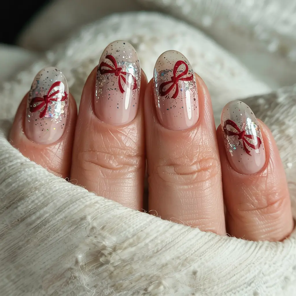 Easy Christmas Nails 2025 Silver Sparkle & Scarlet Bows