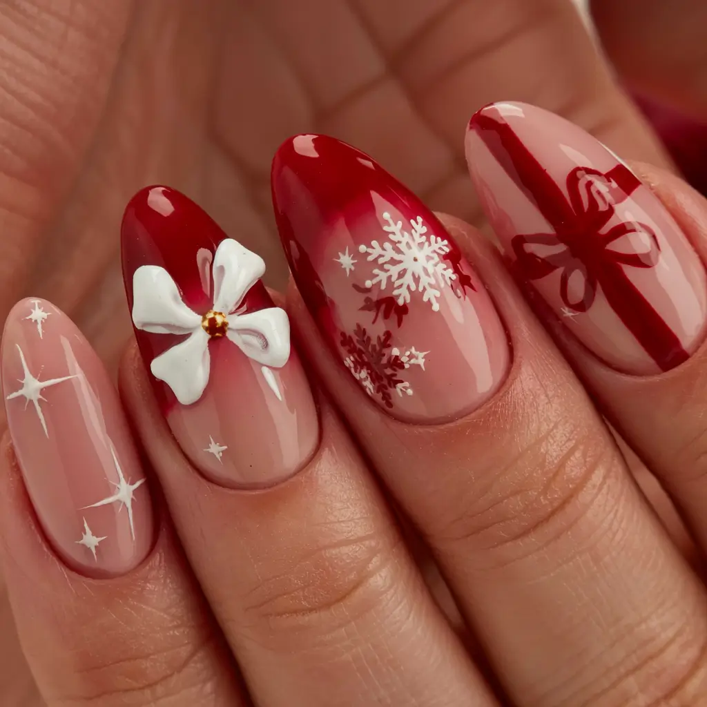 Easy Christmas Nails 2025 Gift-Wrapped Glamour