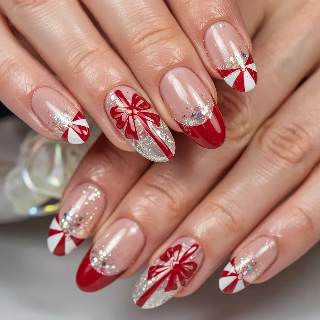 Easy Christmas Nails 2025 Festive Ribbons & Sparkle