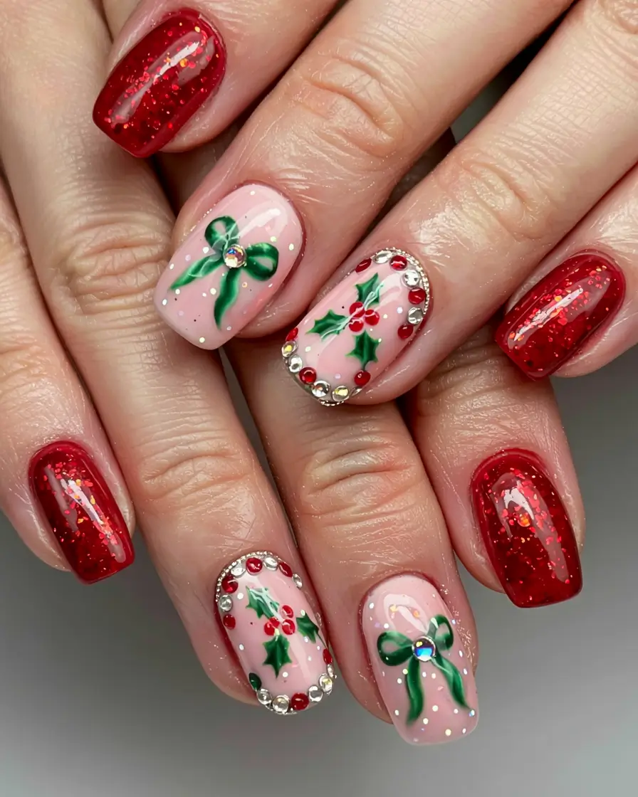 Easy Christmas Nails 2025 Holly & Berries Charm