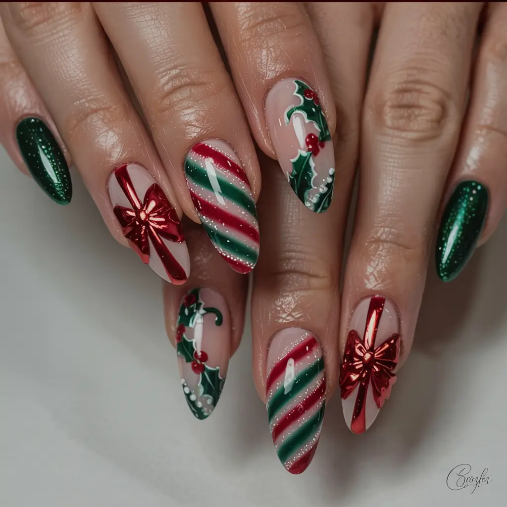 Easy Christmas Nails 2025 Candy Cane Garden