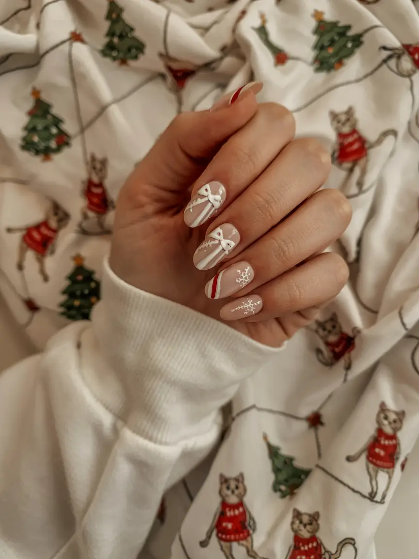 Easy Christmas Nails 2025 White Ribbon Wonderland