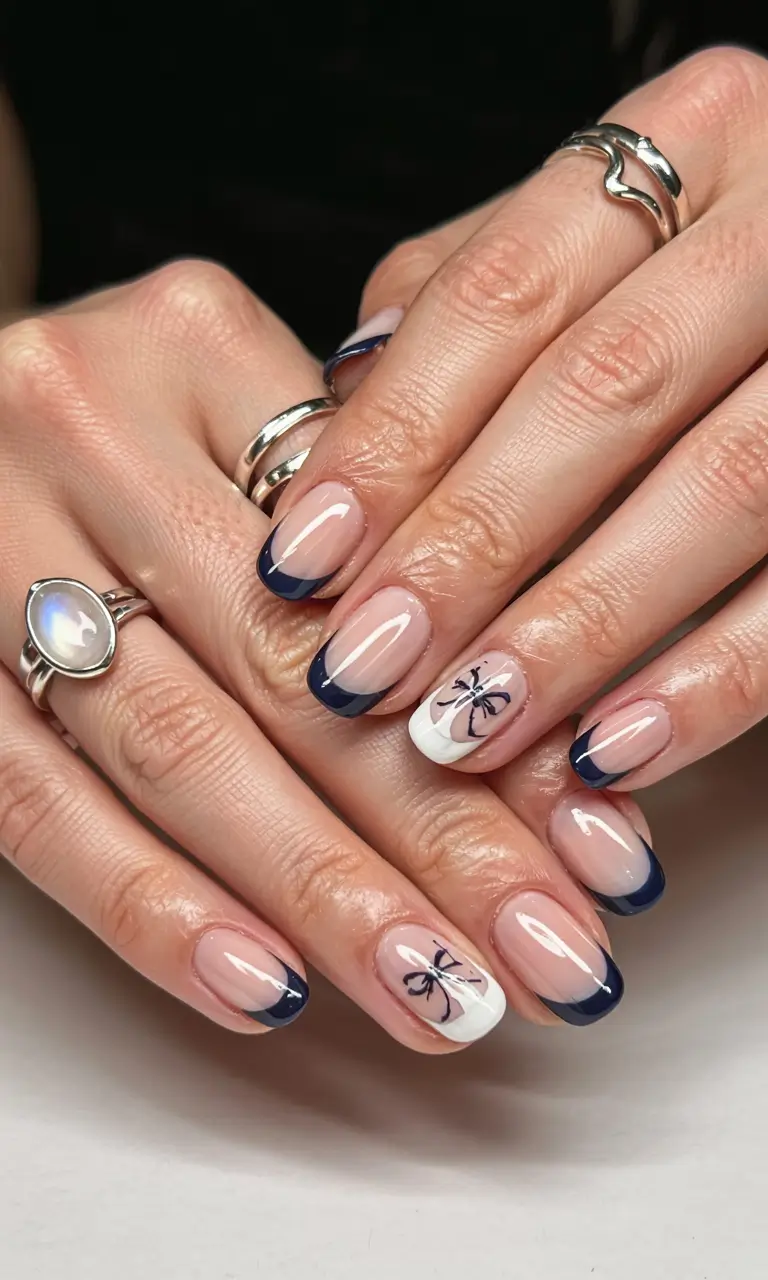 Easy Christmas Nails 2025 Midnight Bow French