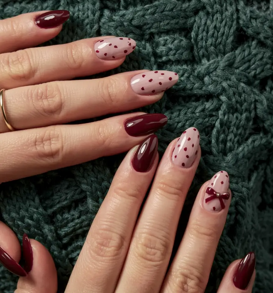Easy Christmas Nails 2025 Burgundy Hearts & Bows