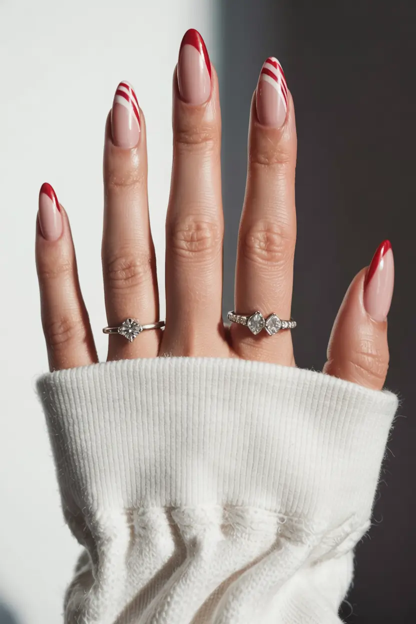 Easy Christmas Nails 2025 Striped Scarlet French