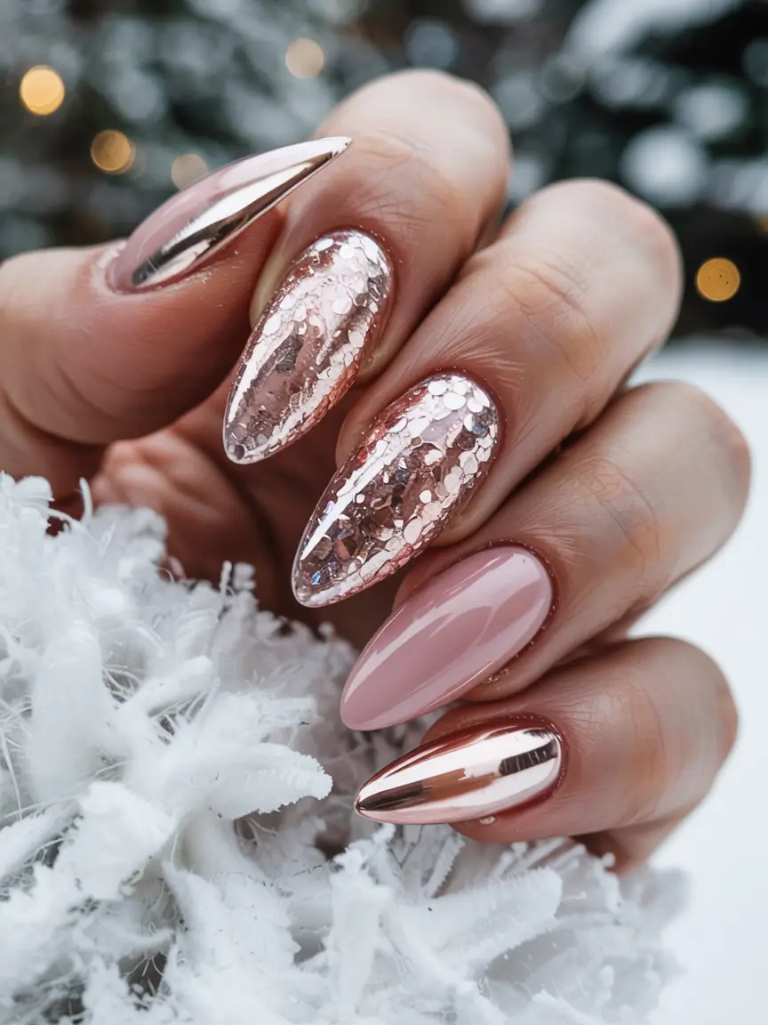 Elegant Christmas Nail Designs 2025 Rose Gold Mirage