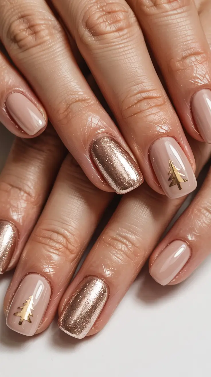 Elegant Christmas Nail Designs 2025 Golden Minimalist Trees