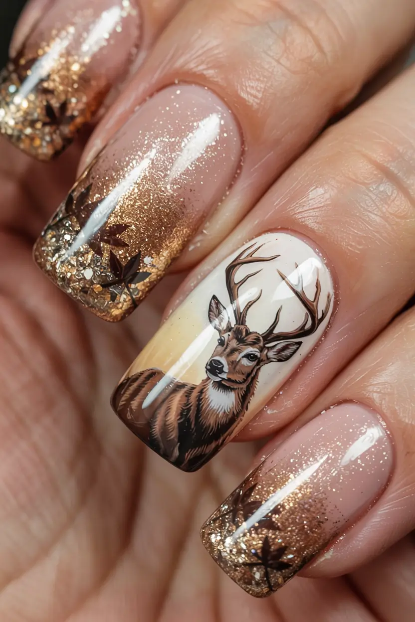 Elegant Christmas Nail Designs 2025 Golden Reindeer Glow