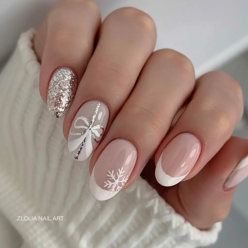 Elegant Christmas Nail Designs 2025 Silver Ribbon Grace