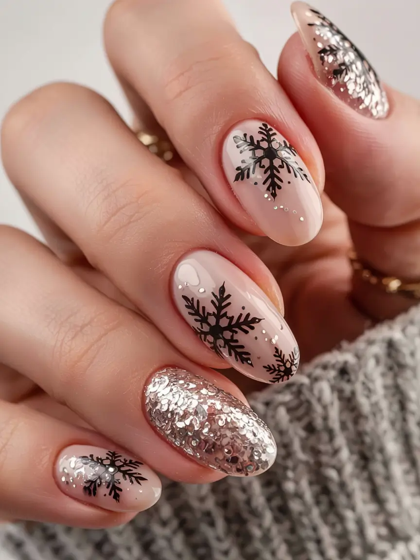Elegant Christmas Nail Designs 2025 Black Snowflake Drama