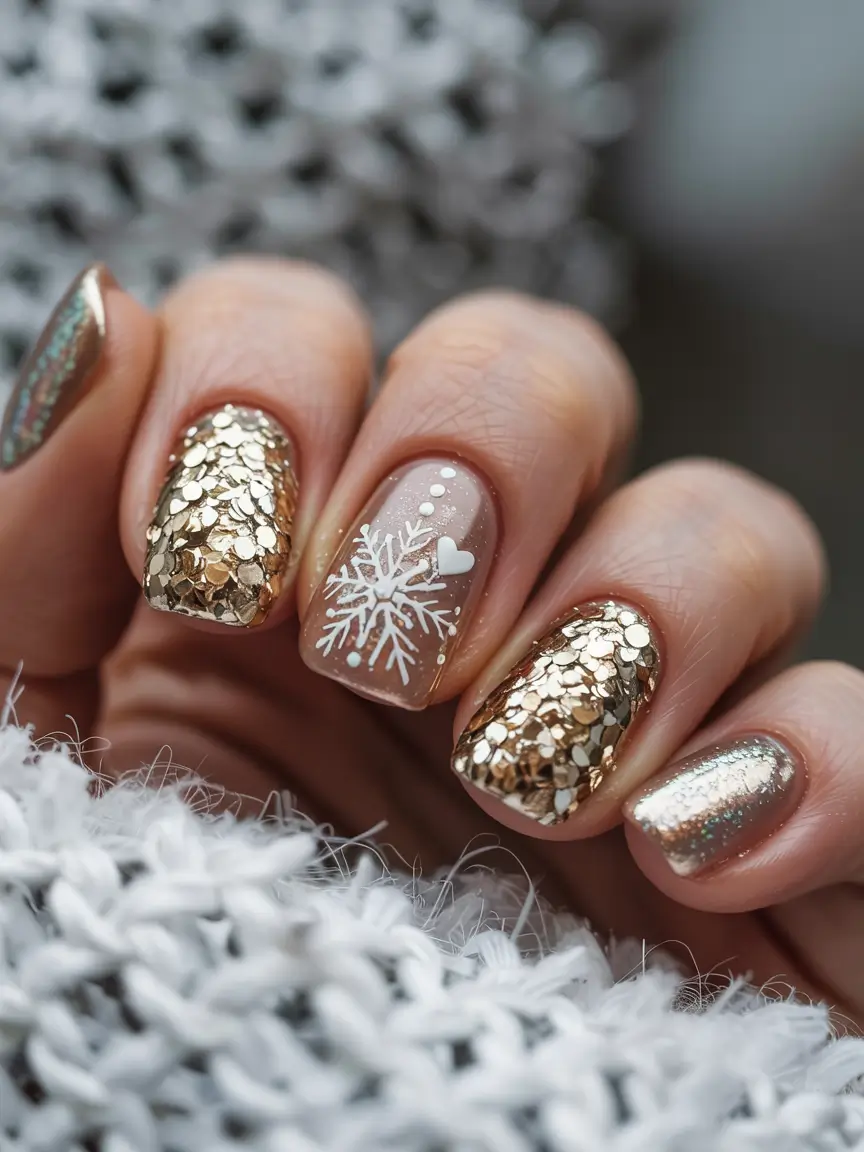 Elegant Christmas Nail Designs 2025 Golden Snowlight Harmony