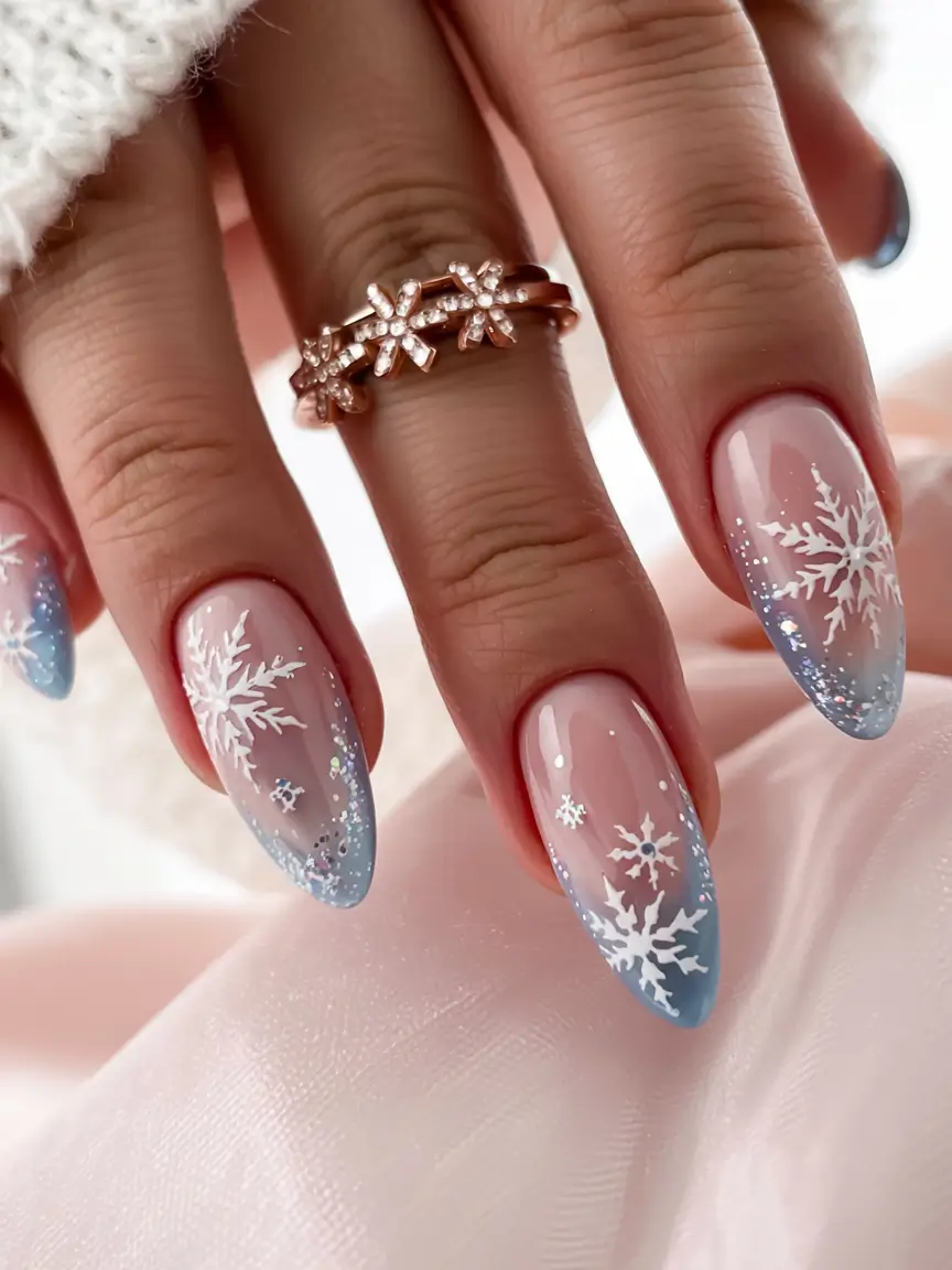 Elegant Christmas Nail Designs 2025 Frosted Blue Snowflakes