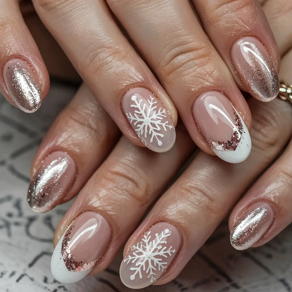 Elegant Christmas Nail Designs 2025 Champagne Snowfall