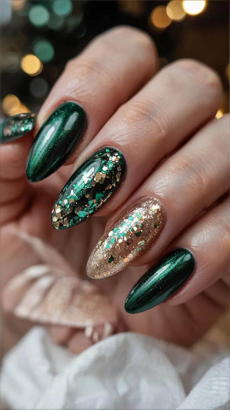 Green Nail Trends Christmas 2025 Gilded Green Galaxy