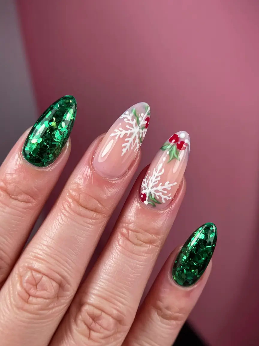 Green Nail Trends Christmas 2025 Snow-Kissed Holly