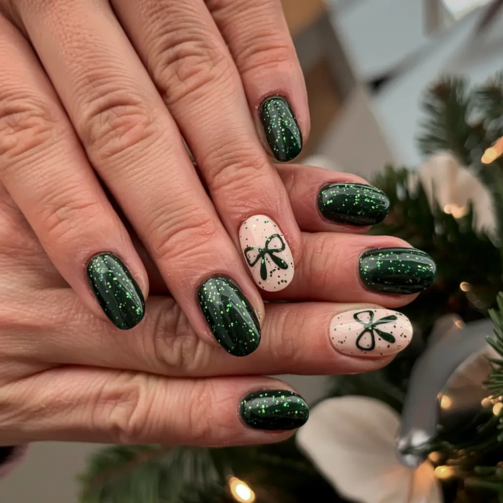Green Nail Trends Christmas 2025 Gift Bow Glow