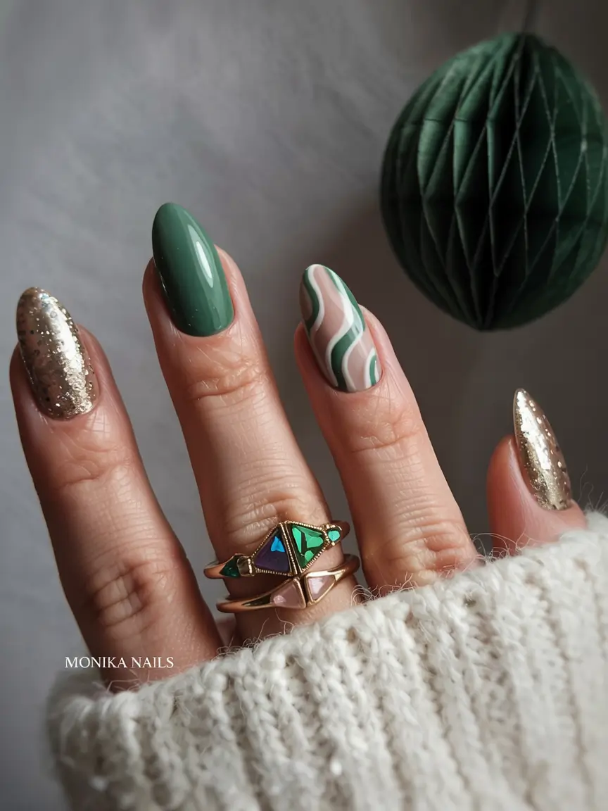 Green Nail Trends Christmas 2025 Golden Evergreen Glam