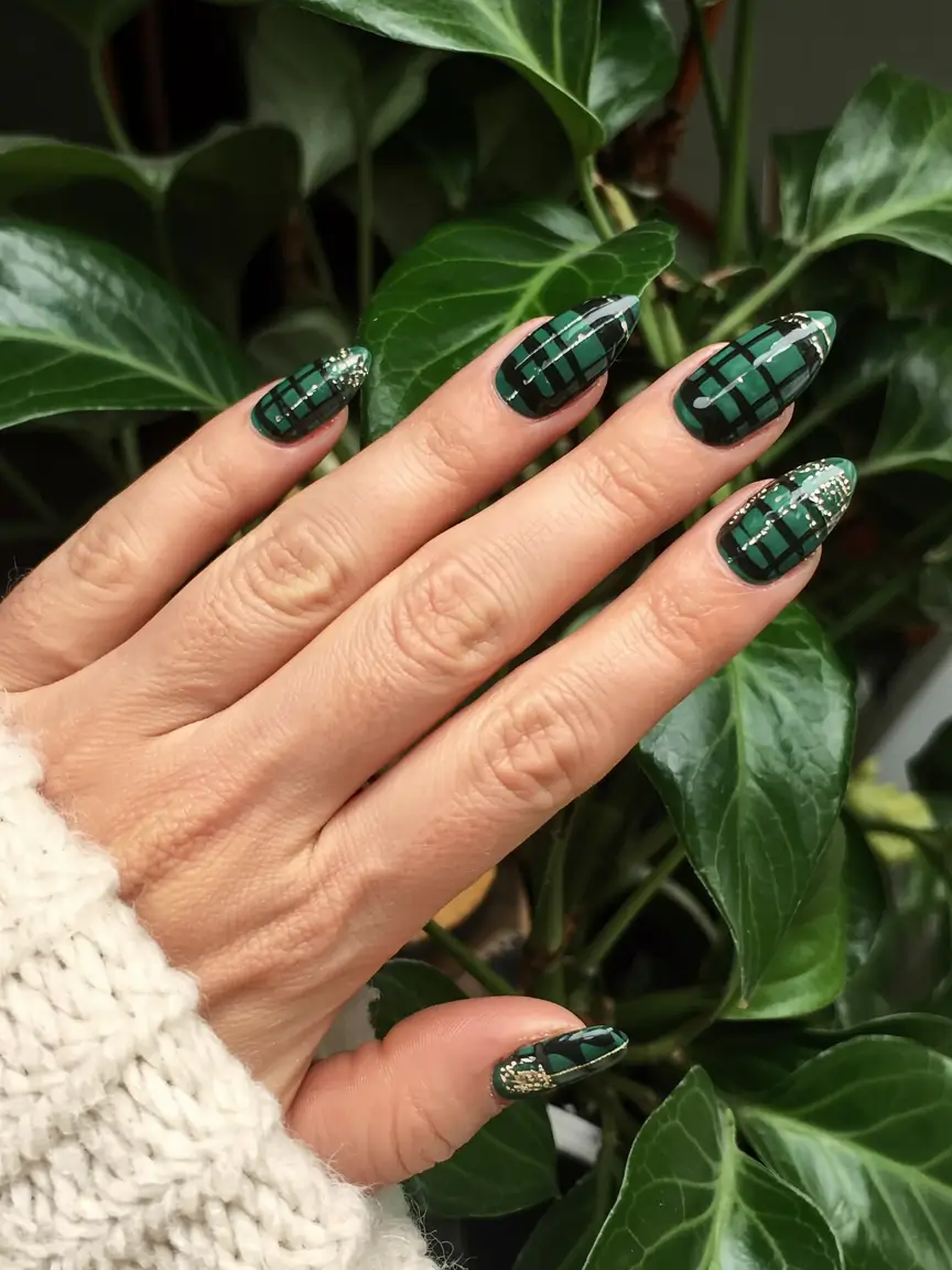 green winter nails 2025 2026 Emerald Plaid Elegance